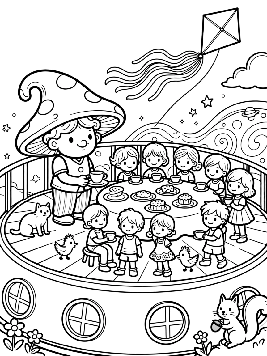 A fluffy mushroom house guardian gnome is hosting a tea party for a dozen new friends on a spaceship deck looking out at swirling nebulae, joined by a trio of giggling baby chicks and a kite tail fluttering with colorful ribbons. The whole neighborhood has come out to join the fun.