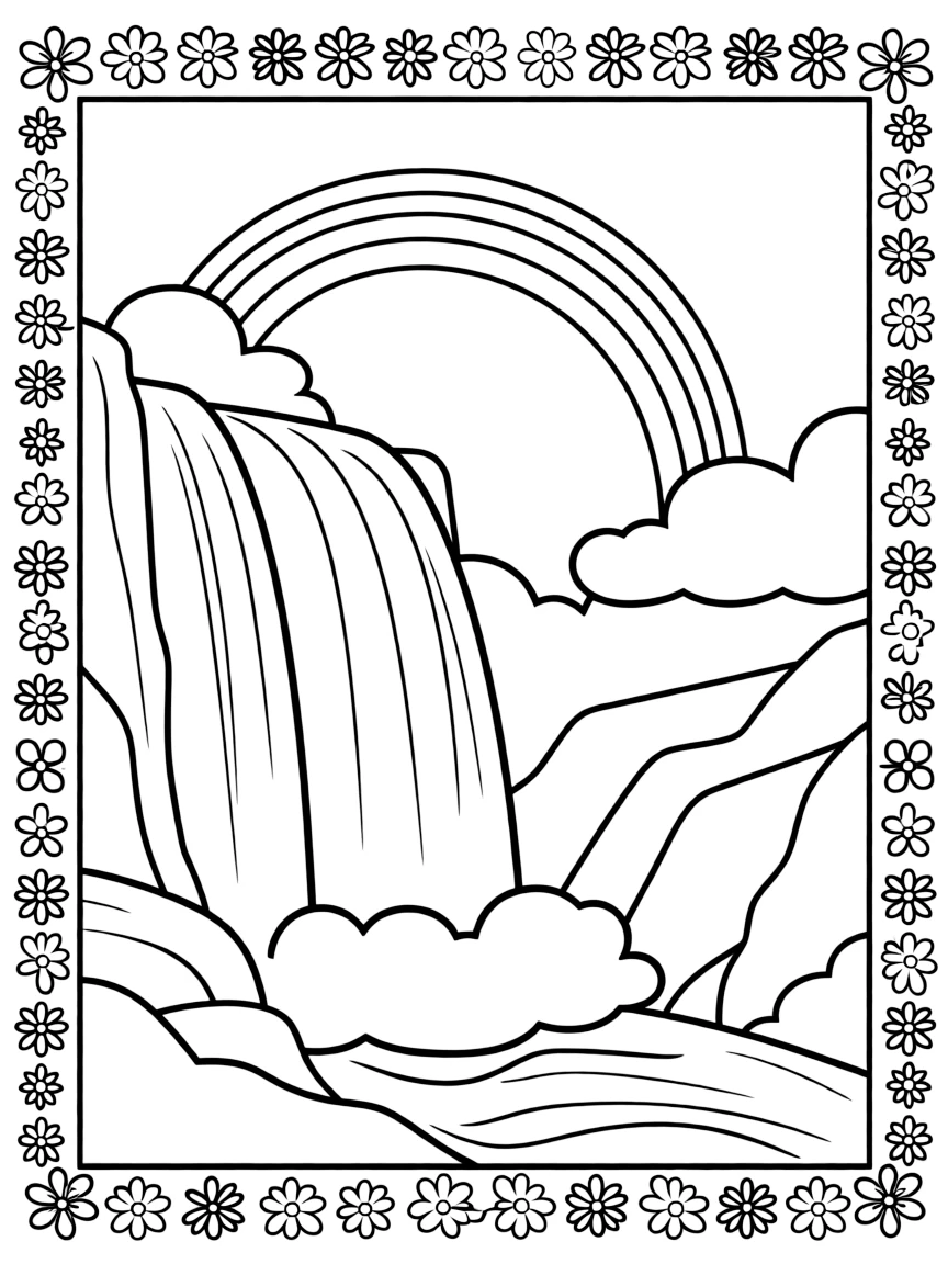A coloring page featuring the roaring mist and rainbow of a great waterfall from Zimbabwe, framed by a simple border of flowers, stars, or geometric patterns from the region.