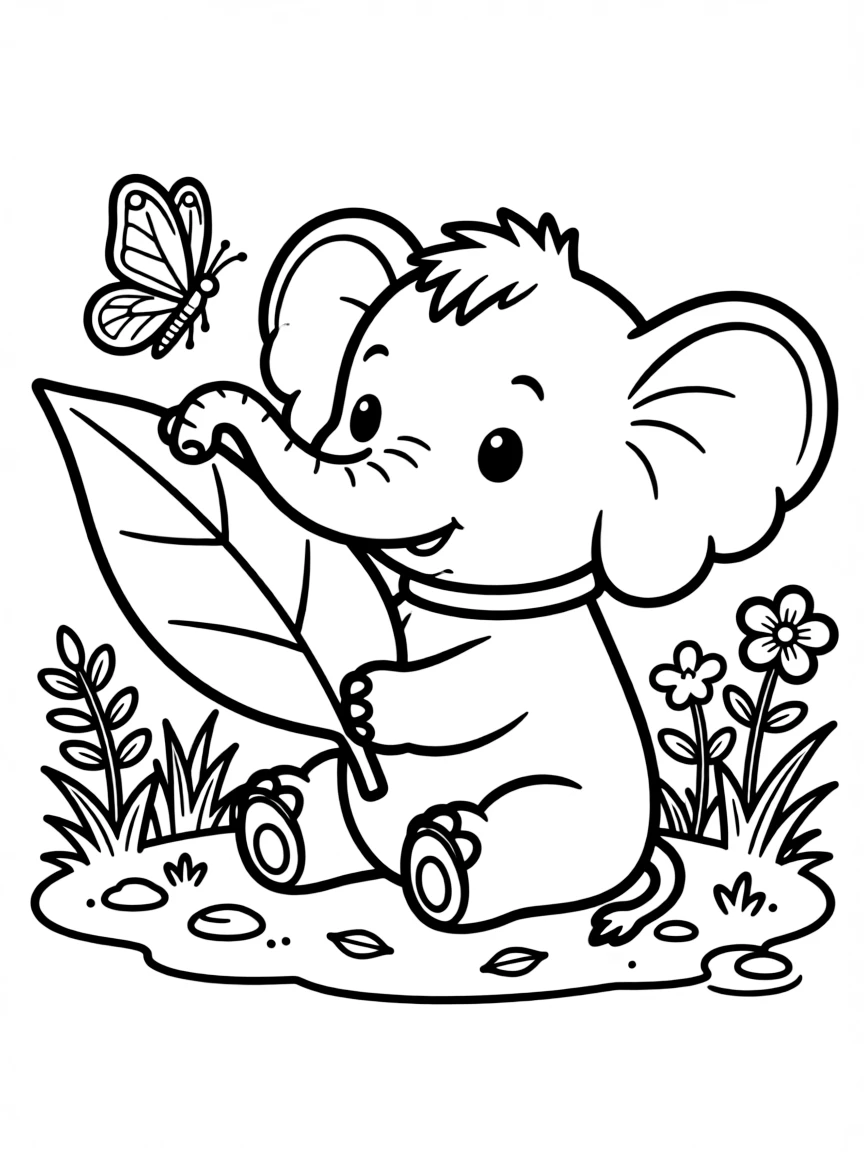 a curious a baby elephant uses a leaf as a notebook to sketch a passing butterfly.