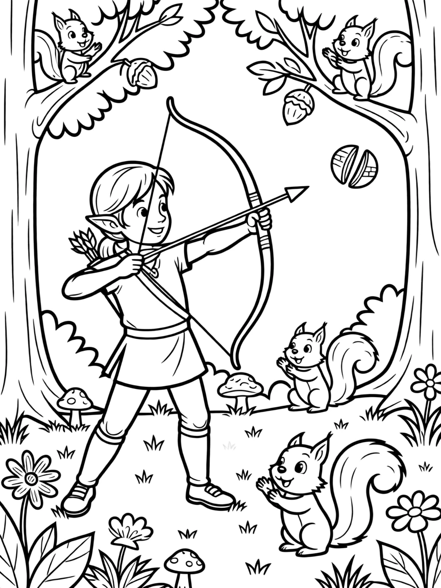 A young elf archer practices trick shots, splitting a falling acorn in midair to the applause of squirrel spectators.