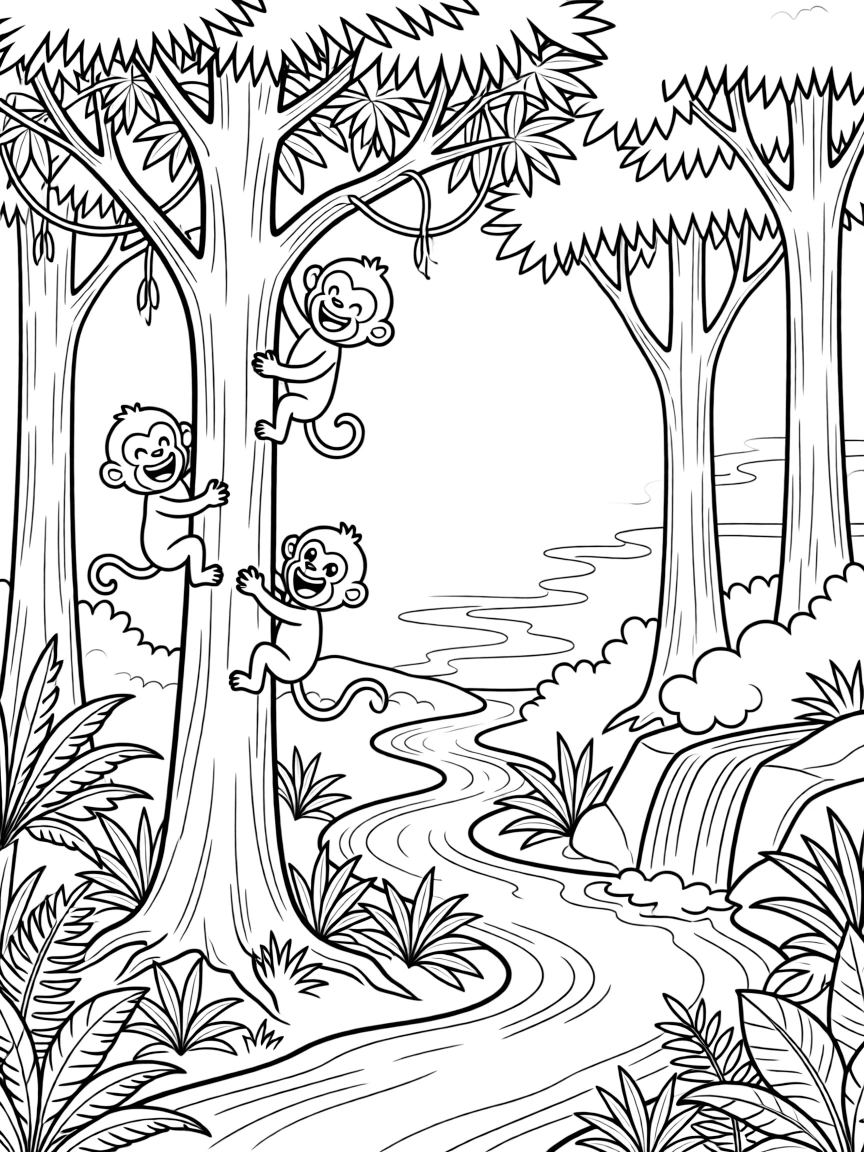 [Jungles] a family of playful monkeys climbing a tall jungle tree among towering jungle trees, laughing joyfully, while a river winds through the dense green canopy fills the surrounding area. Mist rises gently near the waterfall. Set on a foggy morning, with heat waves shimmering in the distance, the page bursts with adventure and imagination.