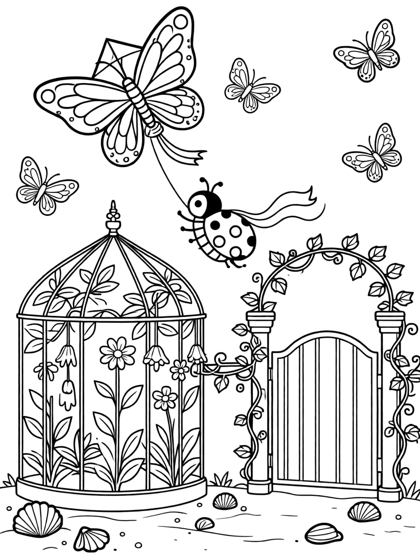 A bright orange ladybug is flying a colorful kite shaped like a butterfly in a butterfly conservatory full of fluttering wings. In the background, a garden gate covered in climbing ivy and glittering seashells scattered on the sand add to the delightful moment.