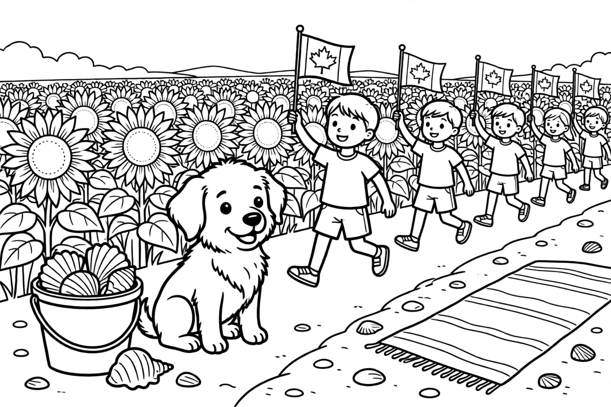 A fluffy puppy sitting beside a parade with maple leaf flags waving in a sunflower field stretching toward the horizon, with a seashell collection in a bucket and a beach towel spread on the sand scattered about.