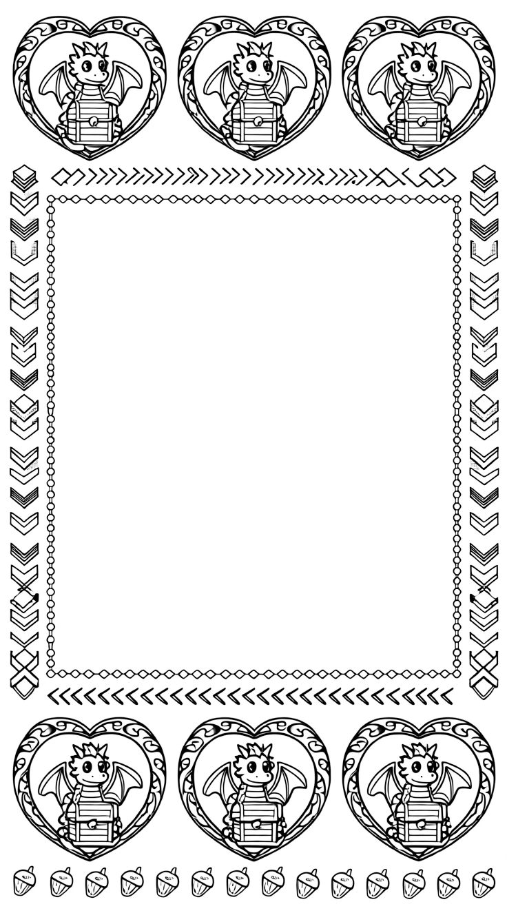 Mythical & Fantasy Creatures: The page centers on a repeating motif of a friendly dragon curled protectively around a treasure chest, built around a heart-shaped mandala framed by soft curling loops. The motif is lined up along the top and bottom edges, mirrored by a matching row along the left and right sides. Decorative details fill the surrounding space, including ribbons folded into gentle zigzags, rows of arrow-shaped chevrons, and a repeating chain of small diamonds woven throughout the background. A playful extra touch completes the page: a handful of tiny acorns scattered near the bottom edge.