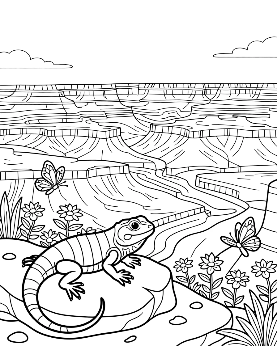 [Canyon Trails] A curious lizard suns itself on a warm rock overlooking a dramatic canyon vista. Butterflies drift along the canyon rim near a patch of hardy desert blooms. Layers of red, orange, and gold rock rise in dramatic stripes along the canyon walls. Bright sunlight illuminates the striped canyon walls beneath a nearly cloudless sky.