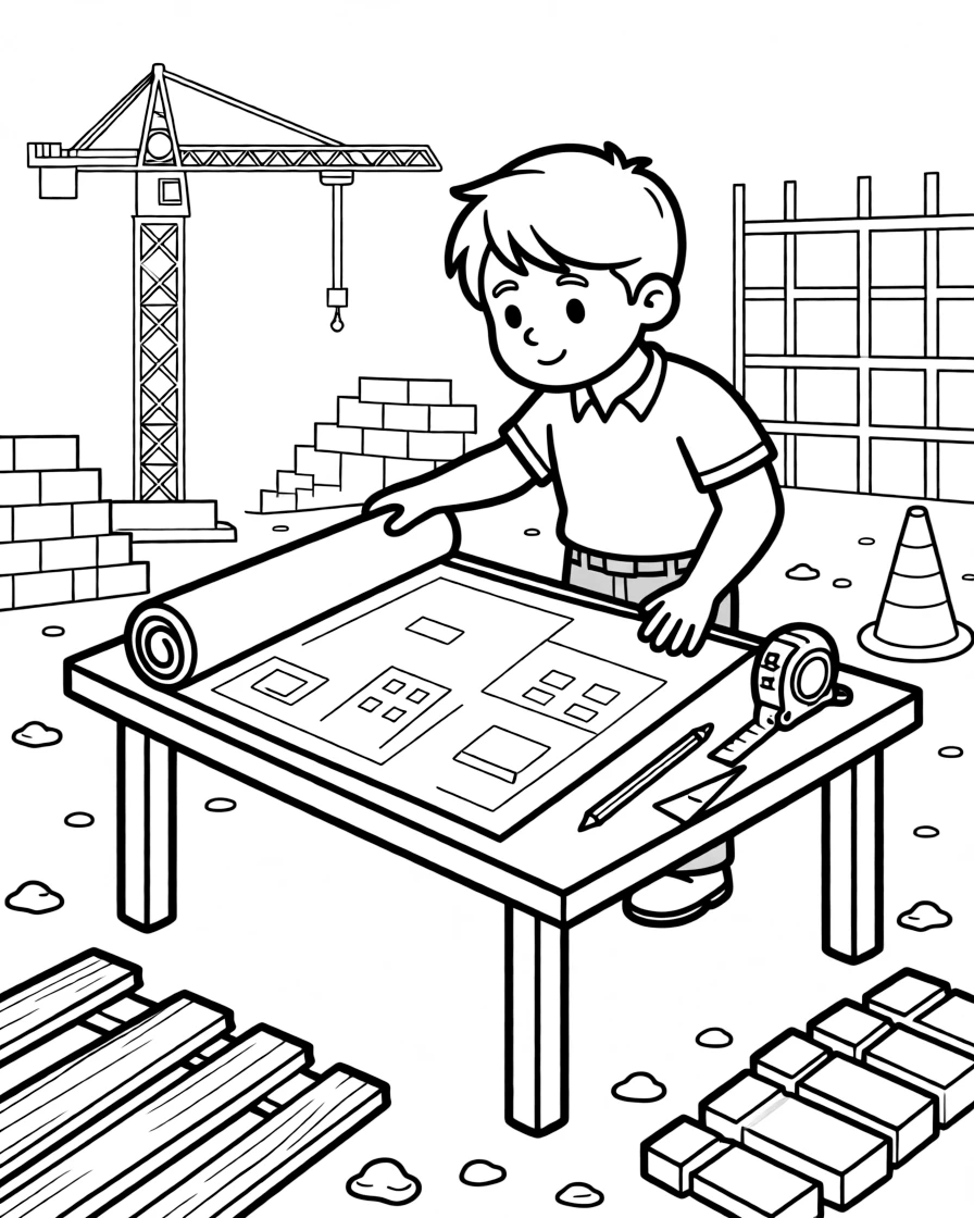 An architect unrolls blueprints across a table at a construction site.