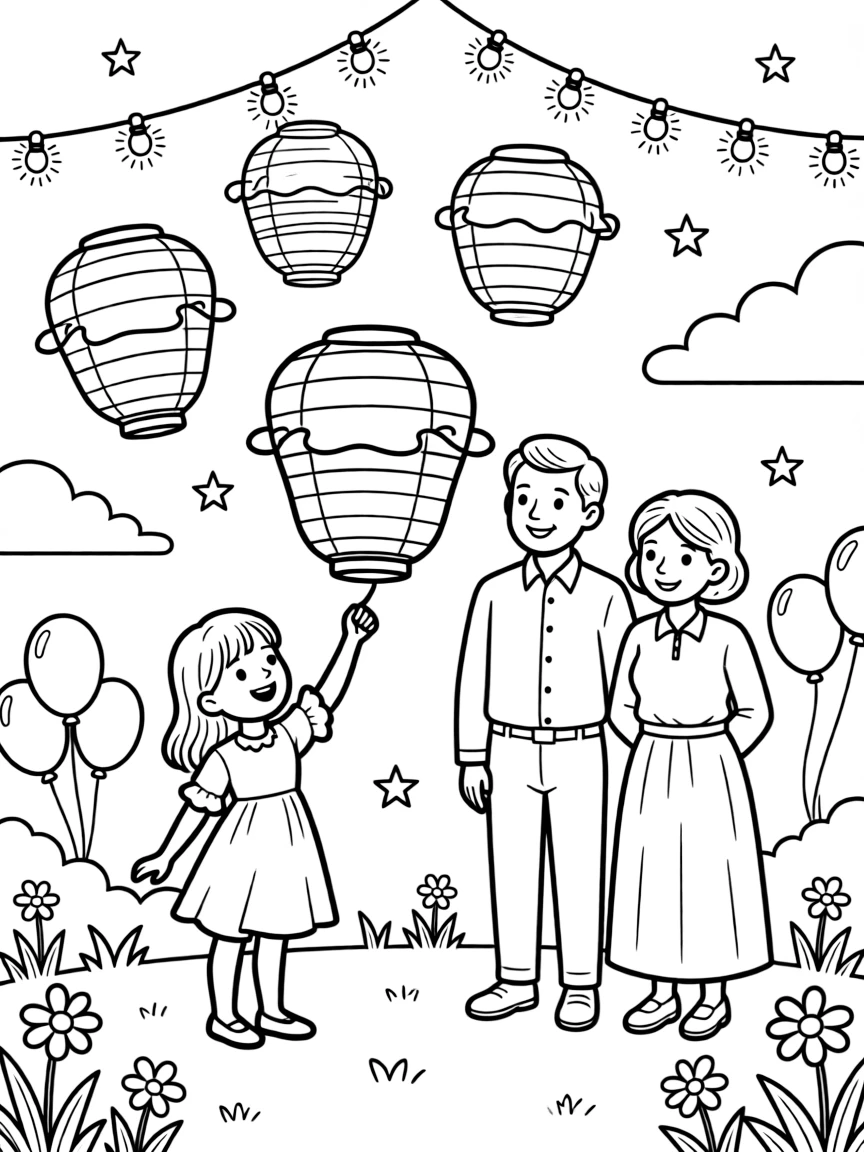 A little sister releasing paper lanterns into the sky during a baby shower celebration with both grandparents with string lights twinkling overhead.