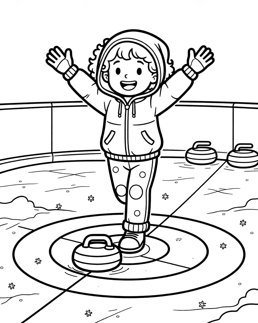 A little girl with curly hair, cheering as a well-swept stone slides perfectly into the scoring zone.