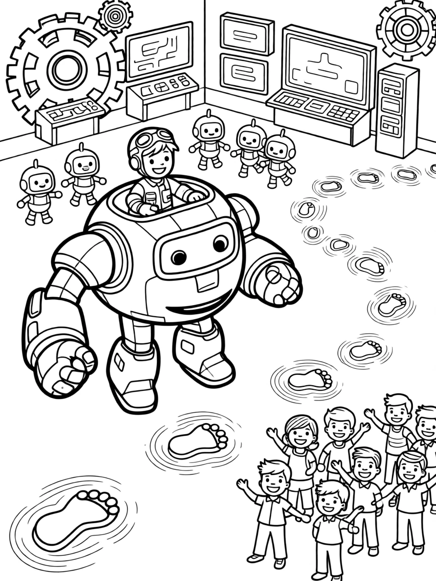 Young pilot Bolt riding inside the friendly giant mech Ironclaw teaching baby robots their first dance moves at a robot school in a robot school with classrooms full of gears and screens, as a trail of glowing footprints leading into the distance and a cheerful crowd gathered for a festival fill the scene.