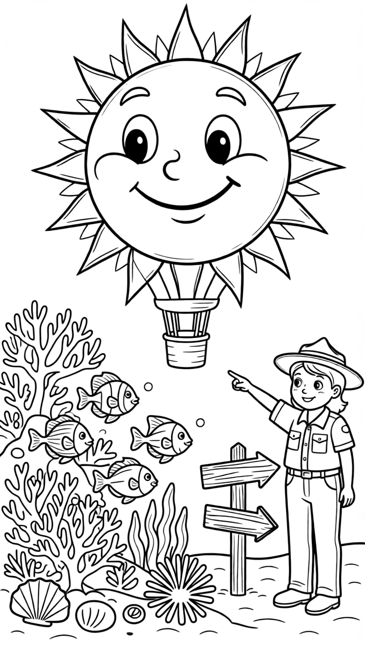 A hot air balloon shaped like a giant smiling sun is shown journeying through a coral reef bursting with fish beneath clear blue water, with a park ranger pointing out something in the distance close by and an old wooden signpost pointing to faraway towns completing the lively scene.