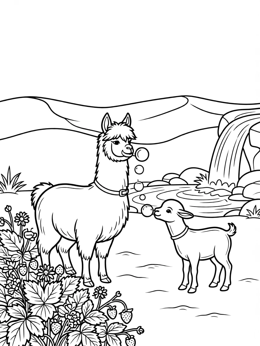 An alpaca at the edge of a sandy desert, blowing bubbles with a goat kid, next to a patch of wild strawberries, as a gentle waterfall splashes in the background.