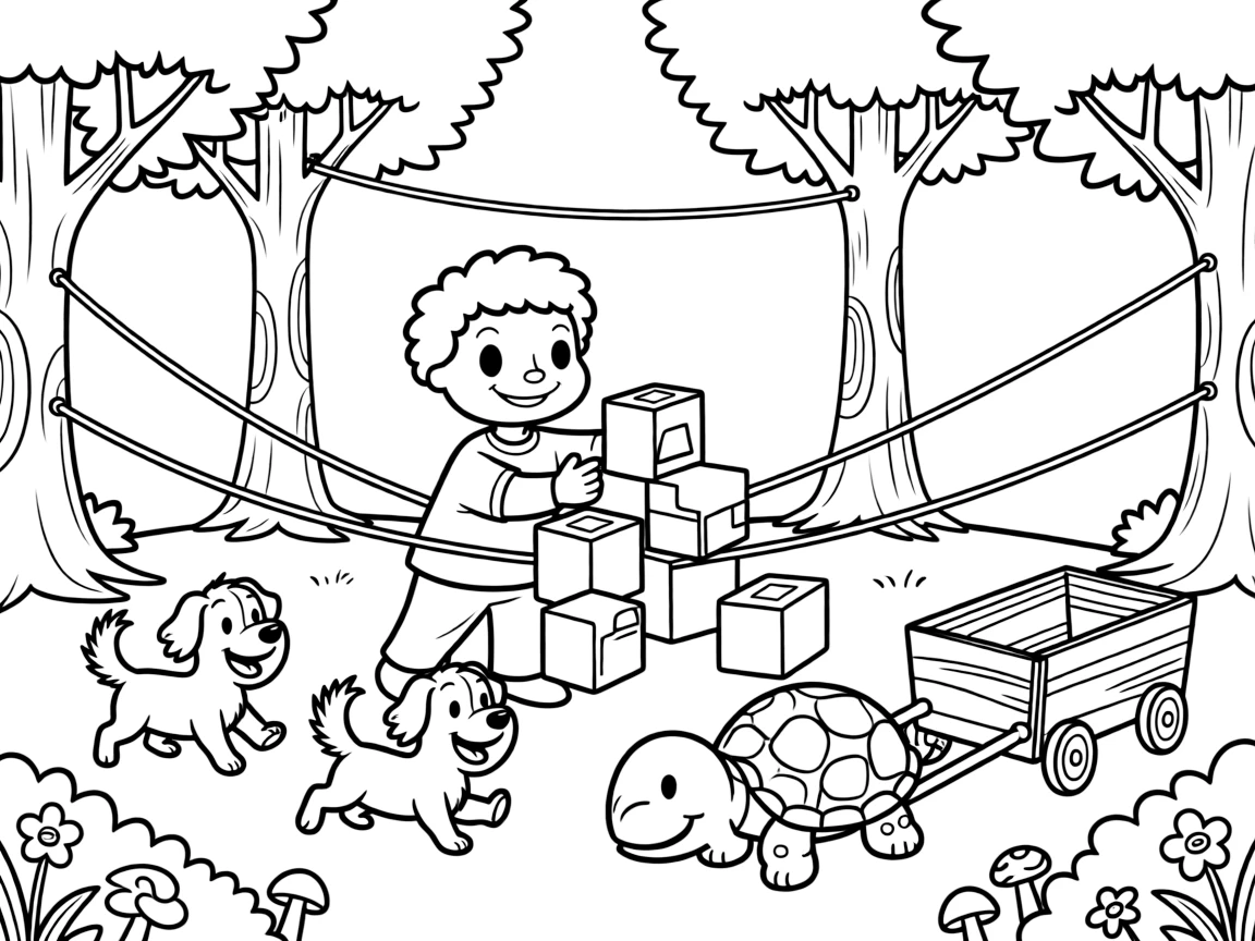 In a treetop city connected by zip lines, a gentle-hearted three-eyed alien is busy building a bridge out of oversized building blocks, cheered on by three bouncing puppies chasing their tails and a cart pulled by a very determined turtle. Everyone is laughing and having the best time.
