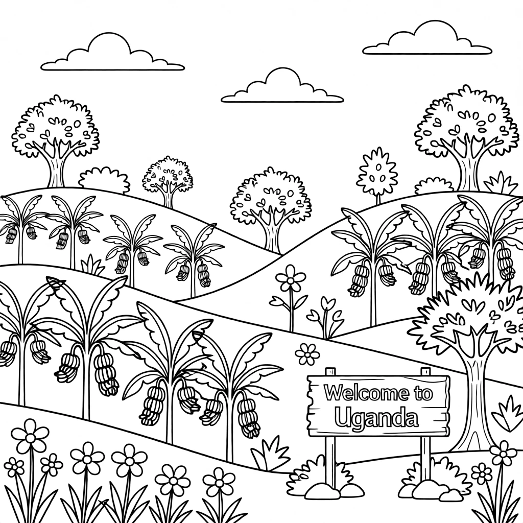 A coloring page inviting kids to explore Uganda through rolling green hills dotted with banana plantations, with small trees, flowers, and a signpost welcoming visitors nearby.