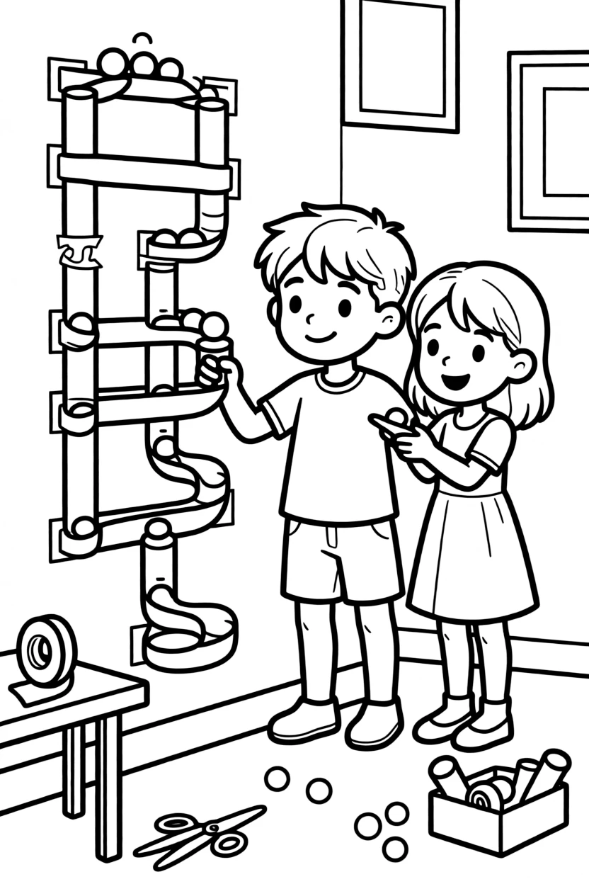 a thoughtful pair of best friends constructs a marble run out of cardboard tubes taped to the wall.