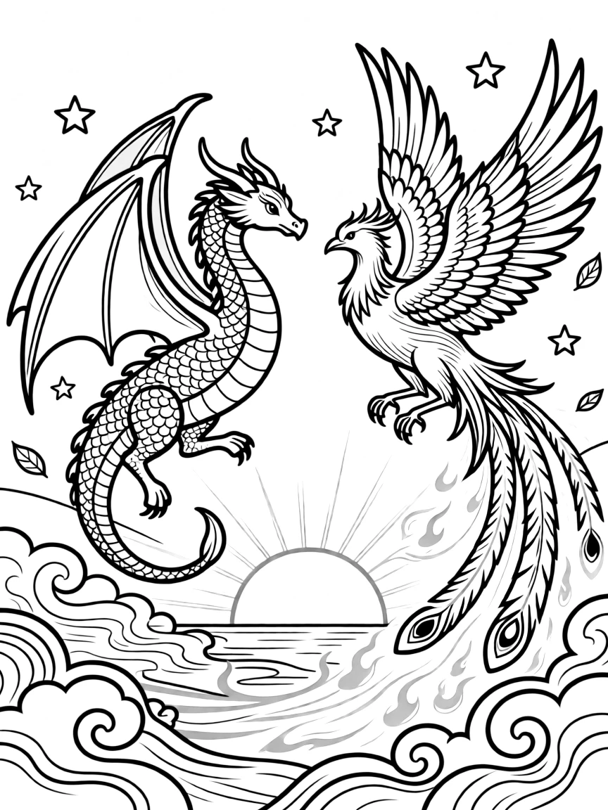 A dragon and phoenix soar side by side through a sunset sky, fire and gold light mingling in dramatic streaks.