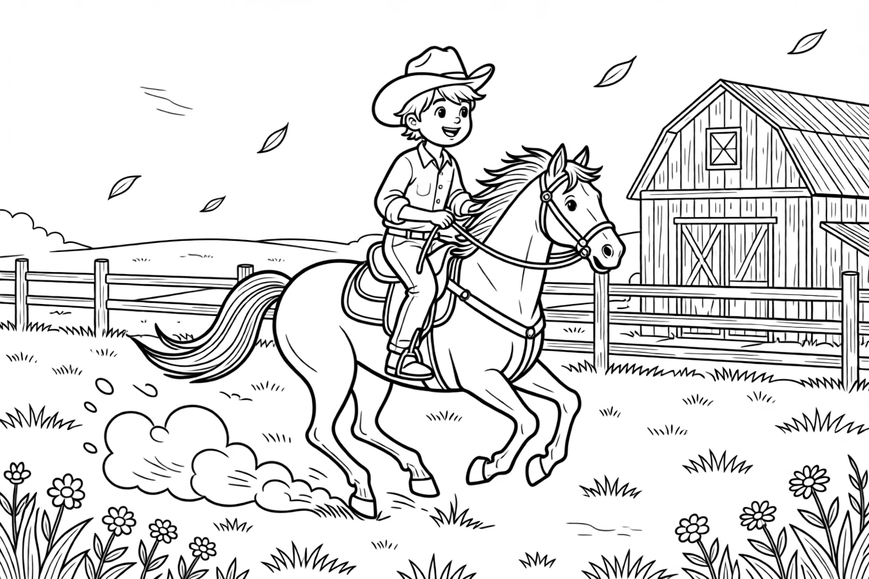 [Cowboys] a young cowboy riding a horse galloping across an open prairie near a rustic wooden ranch, wide-eyed with wonder, while a wooden ranch fence lines the field fills the surrounding area. Dust kicks up beneath galloping hooves. Set just after a rainstorm, with a light breeze blowing, the page bursts with adventure and imagination.