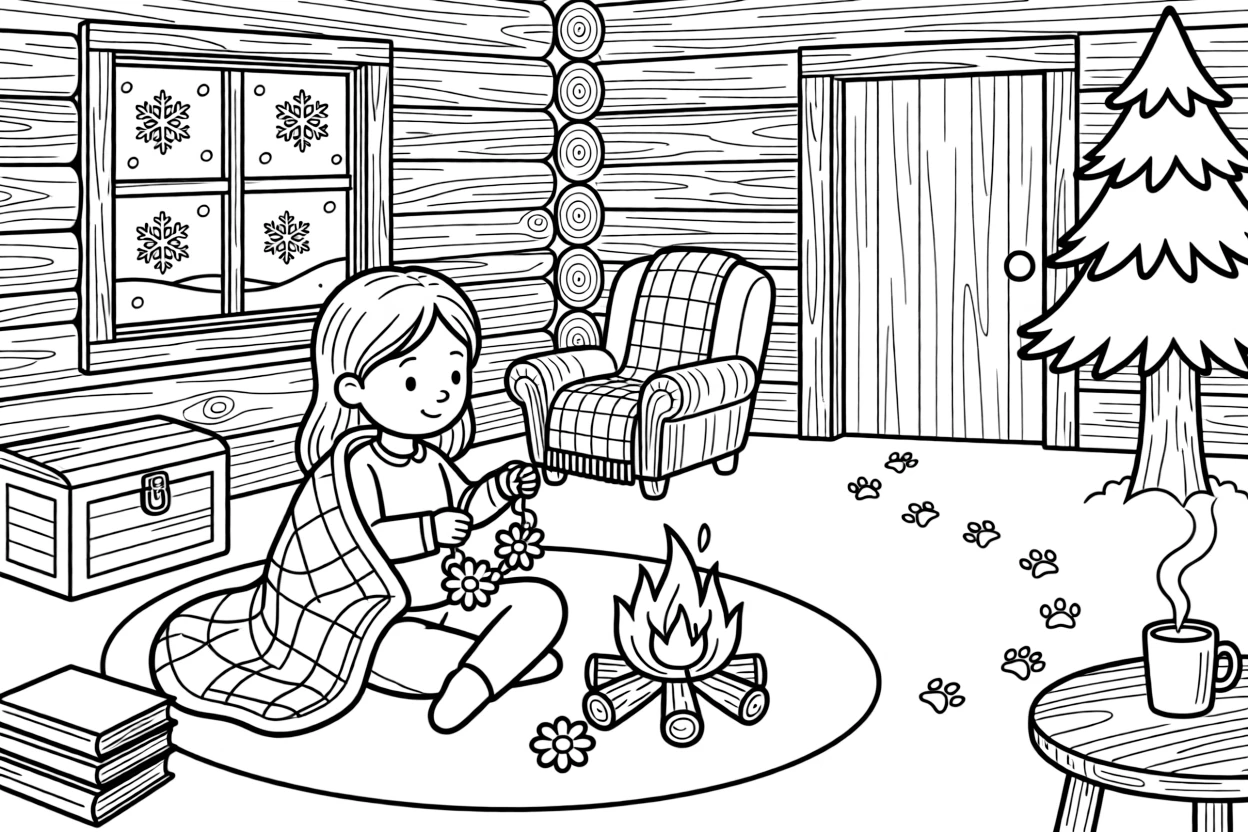 A girl wrapped in a quilt telling stories by firelight is stringing together a daisy chain necklace inside a cozy log cabin during a gentle snowstorm. gently falling snowflakes and a trail of tiny paw prints leading away round out the happy picture.