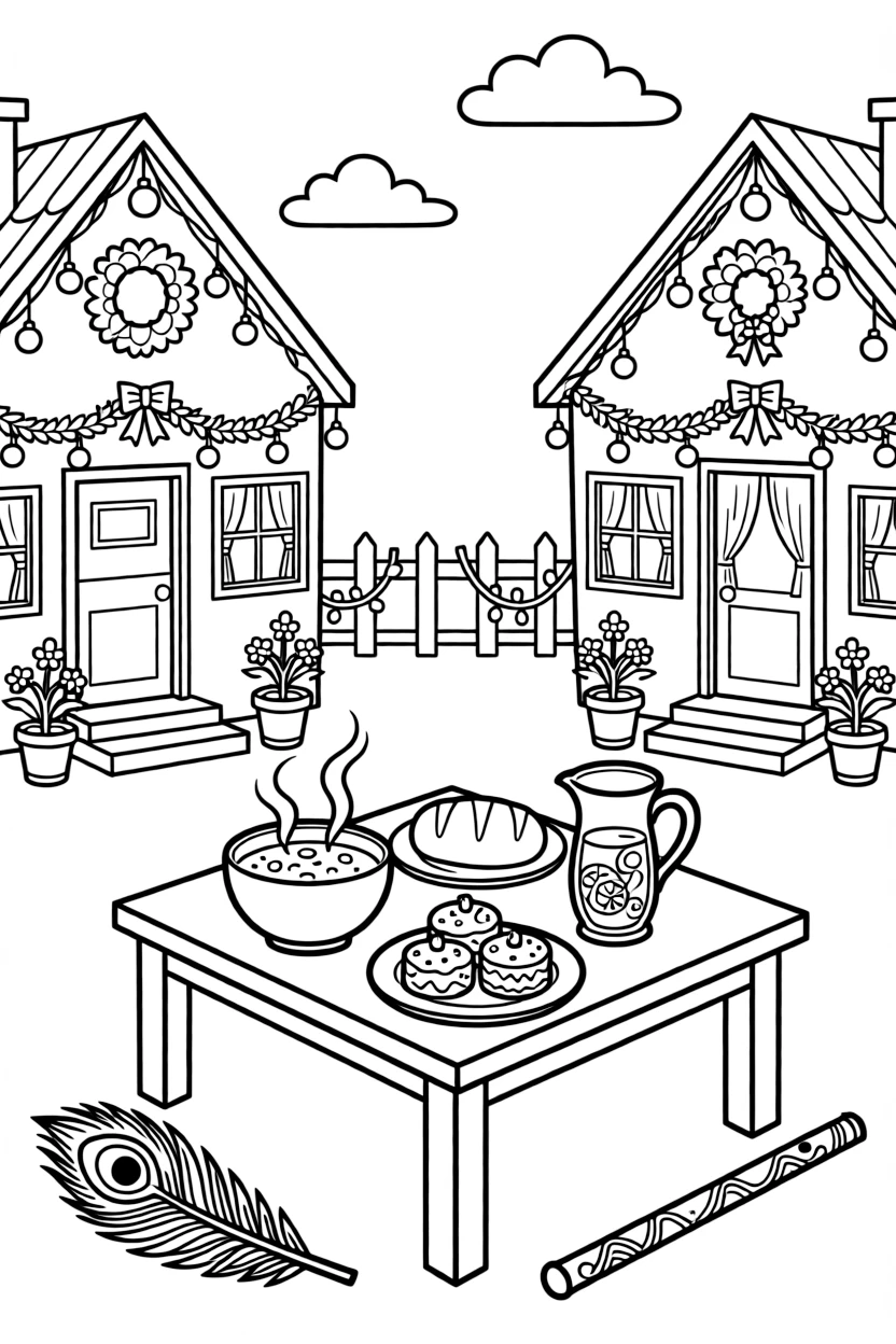 A flute resting beside a peacock feather in a neighborhood where every house has festive decorations, with a table set with special holiday dishes and a plate of traditional festive treats nearby.