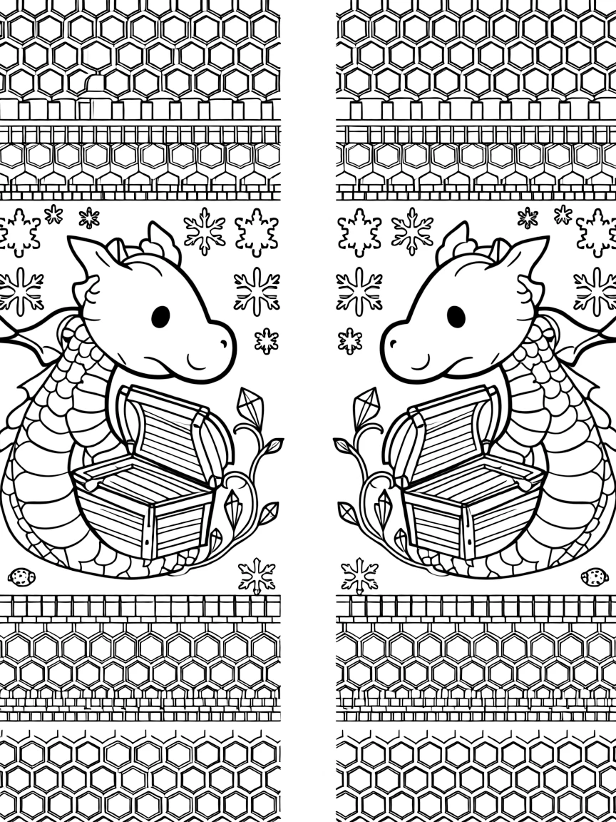 Mythical & Fantasy Creatures: The page presents a small themed scene built around a friendly dragon curled protectively around a treasure chest, tied together by a honeycomb mandala tiled from small hexagon cells. The scene is arranged in a mirrored scene, with matching elements balanced on the left and right halves of the page. Decorative details fill the surrounding space, including six-point snowflake shapes, rows of small square tiles, and a grid of lattice diamonds woven throughout the background. A playful extra touch completes the page: a tiny ladybug tucked among the details, easy to spot once found.