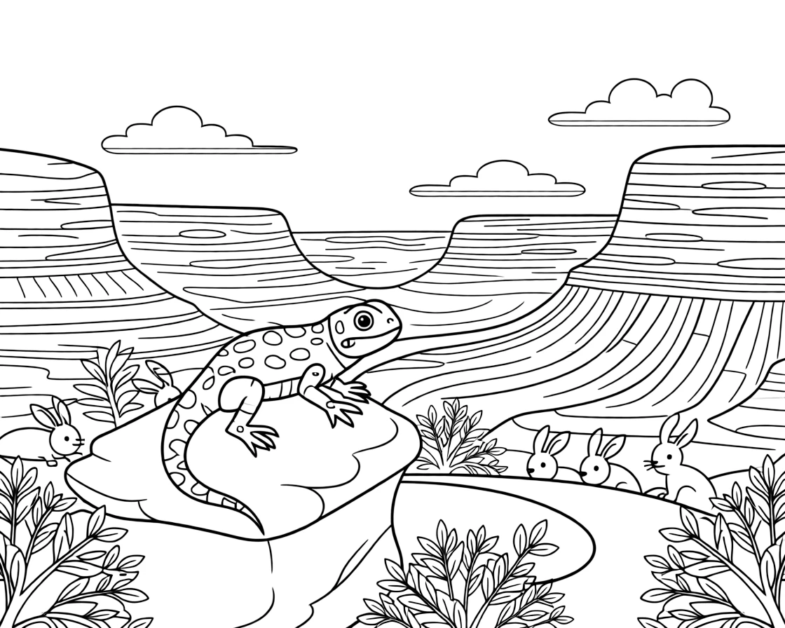 [Canyon Trails] A curious lizard suns itself on a warm rock overlooking a dramatic canyon vista. A family of rabbits hides among the scrubby bushes growing along the canyon trail. Layers of red, orange, and gold rock rise in dramatic stripes along the canyon walls. A warm breeze drifts through the canyon beneath a wide, clear blue sky.