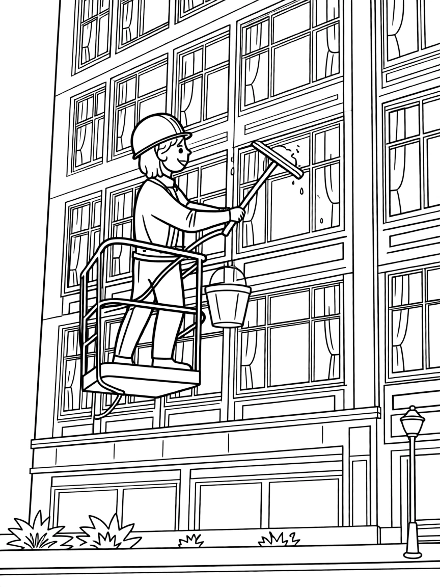 A window washer rides a lift to clean the tall windows of a skyscraper.