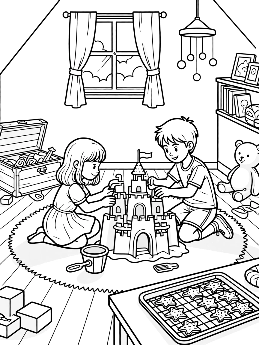A quiet girl building a sandcastle with a buddy from the soccer team in an attic playroom as star-shaped cookies cool on a tray.