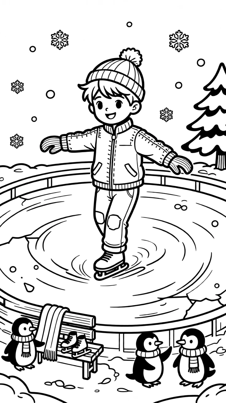A cheerful young boy, spinning gracefully on one skate in the center of an ice rink.
