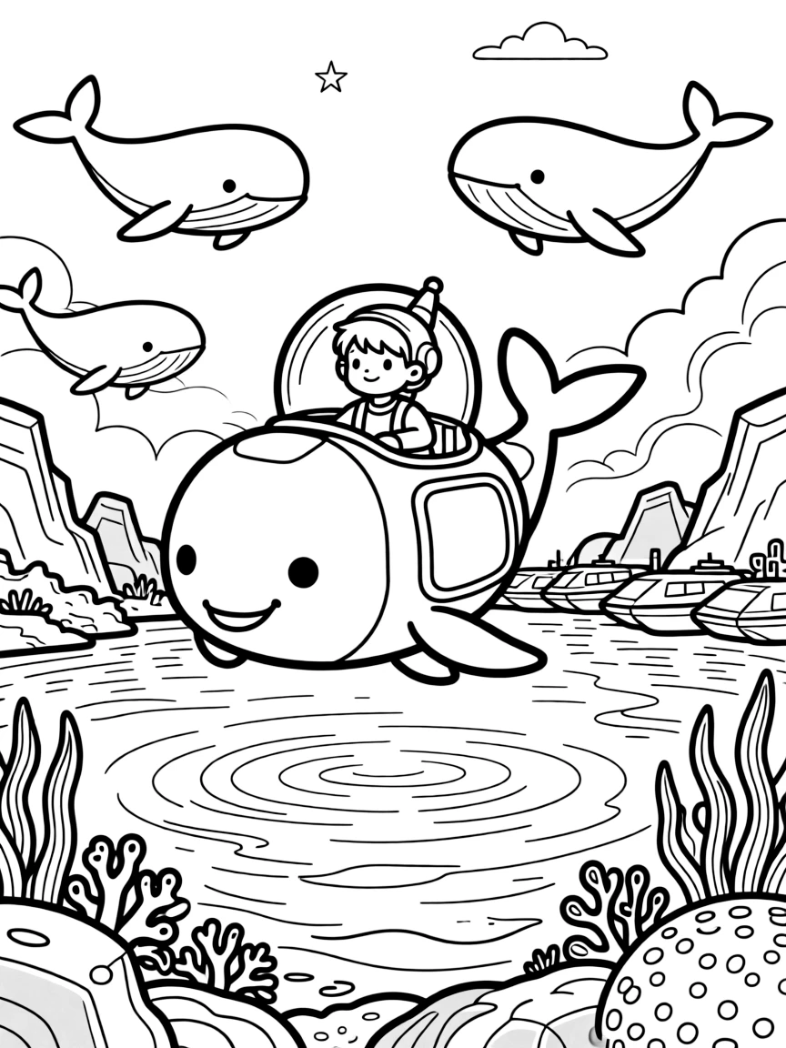 Young pilot Volt riding inside the friendly giant mech Steel Falcon riding a bubble-shaped pod across a lake of liquid light near a coral-covered ocean planet with floating kelp forests, surrounded by a family of gentle space whales swimming through the clouds and a row of docked spaceships gleaming in the light.