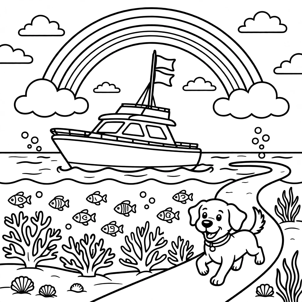 The scene captures a shiny white yacht with flags fluttering on its mast in the middle of a coral reef bursting with fish beneath clear blue water, with an excited puppy chasing along the road nearby and a rainbow arching across the sky sprinkled around for extra fun.