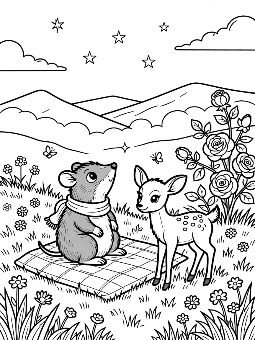 A mole stargazing on a blanket with a deer fawn on a mountaintop meadow, near a rose bush, while morning fog rolls over the hills.