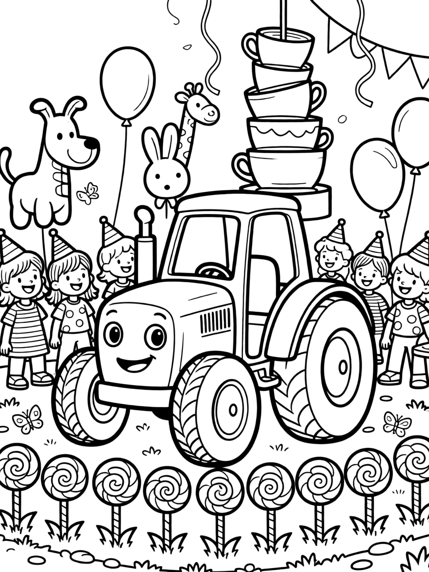An adventurous tractor with a friendly face takes a break from adventures to try planting a garden of lollipop flowers at a birthday party decorated with balloon animals, with a wobbly tower of stacked teacups close behind. The whole crew is grinning from ear to ear.