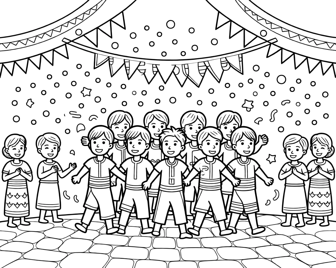 A coloring page capturing a joyful festival moment in Uganda: a colorful cultural parade celebrating a kingdom's traditions, surrounded by smiling children, decorations, and confetti in the air.