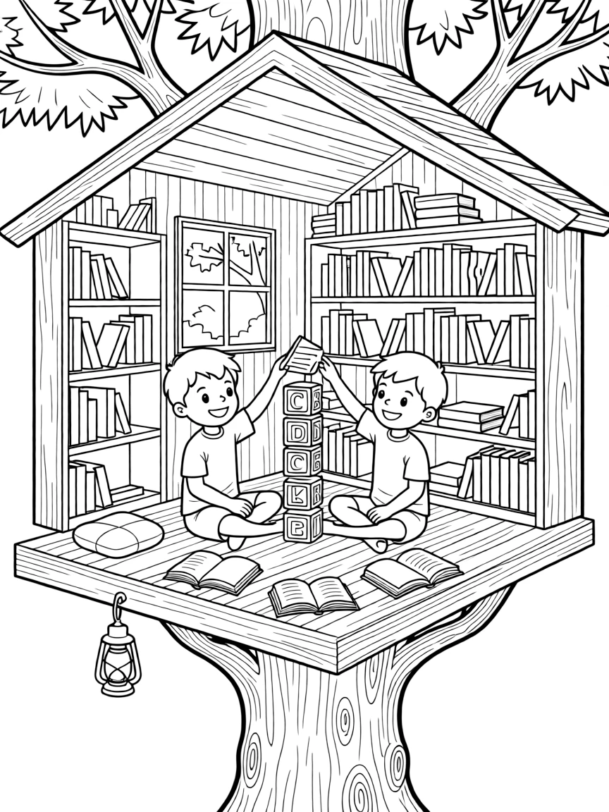proud twin brothers sit in a treehouse library and spells out a word using wooden alphabet blocks stacked into a tower.