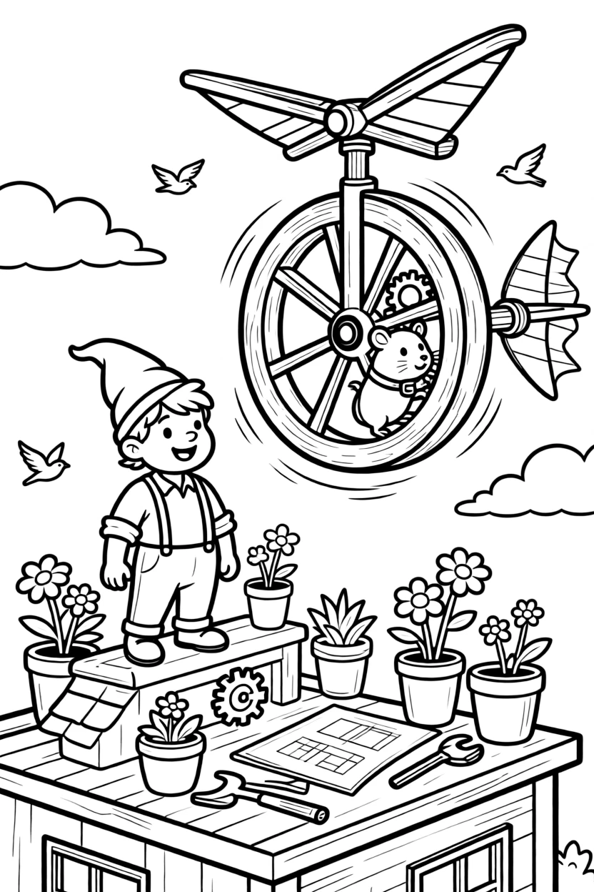 A gnome inventor's flying machine, powered by a hamster wheel, lifts off unsteadily from his workshop rooftop.