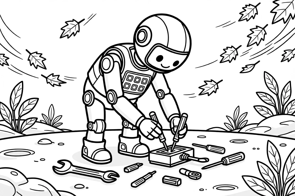 [Robots] a tall walking robot helper fixing a gadget with tiny tools on an alien planet's surface. In the background, tools and spare parts are scattered nearby, adding extra fun to explore. Glowing buttons line its chest panel. It all happens in the late afternoon, with autumn leaves swirling in the wind.