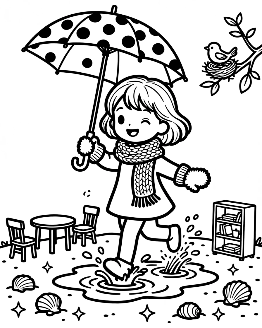 A girl bundled in a cozy scarf and mittens is splashing through puddles with a polka-dot umbrella inside a dollhouse-sized world of tiny furniture. Scattered nearby, a tiny bird's nest tucked in a nearby branch and glittering seashells scattered on the sand fill the page with charm.