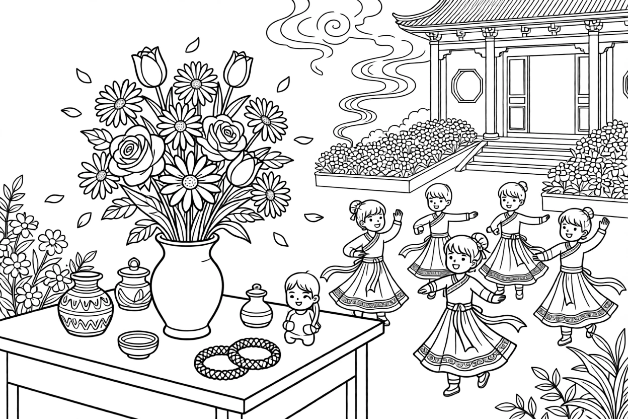 A close-up of a bouquet of flowers left on a teacher's desk in a temple courtyard filled with flowers and incense smoke, surrounded by a display of handmade crafts and a group of dancers in bright costumes.