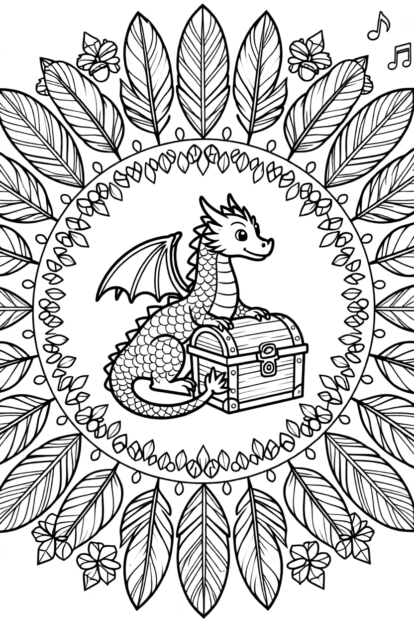 Mythical & Fantasy Creatures: The design turns a friendly dragon curled protectively around a treasure chest into a kaleidoscope-style composition anchored by a feather-ring mandala with plumes fanning outward. The imagery is reflected six times around a central point, so each wedge of the page mirrors the one beside it. Decorative details fill the surrounding space, including clusters of tiny acorns, rows of teardrop-shaped petals, and angular crystal facets woven throughout the background. A playful extra touch completes the page: a few tiny musical notes drifting near one corner of the page.