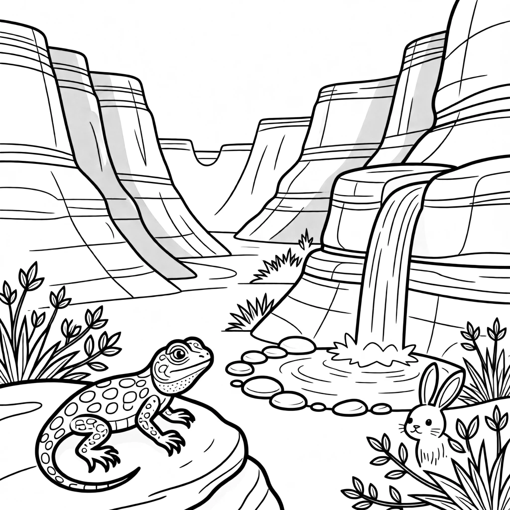 [Canyon Trails] A curious lizard suns itself on a warm rock overlooking a dramatic canyon vista. A family of rabbits hides among the scrubby bushes growing along the canyon trail. A small waterfall trickles down the canyon wall into a pool ringed with smooth stones. The canyon glows deep orange as the sun sets behind the layered rock walls.