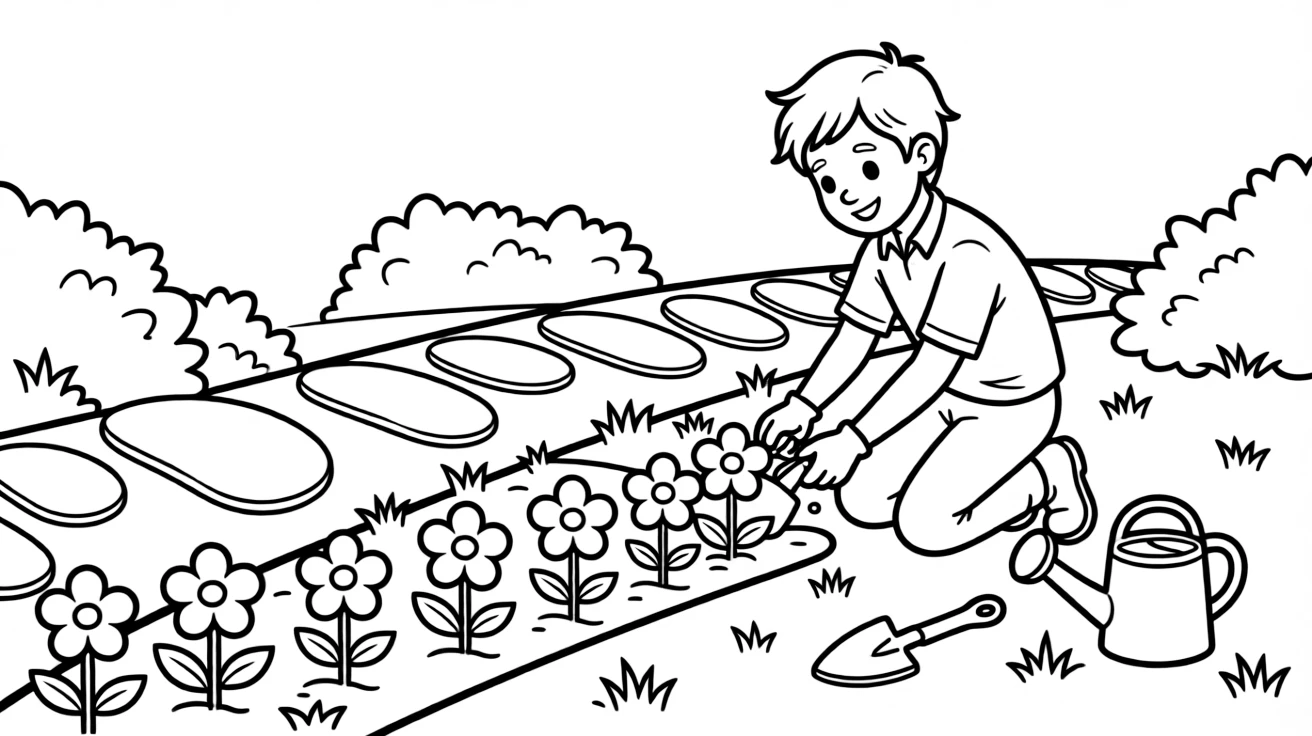 A landscaper plants a row of flowers along a new garden pathway.
