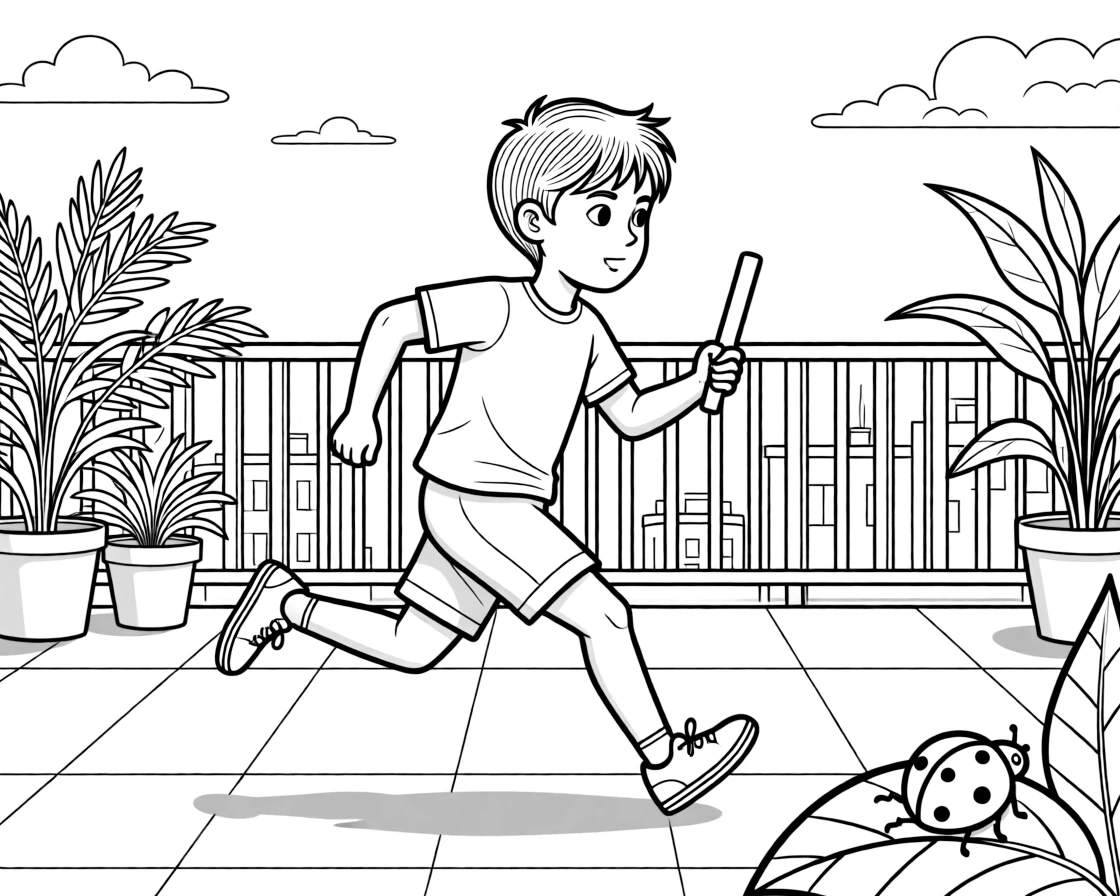 A little brother running in a relay race alone on an apartment balcony, deeply focused, as a ladybug crawls on a leaf.