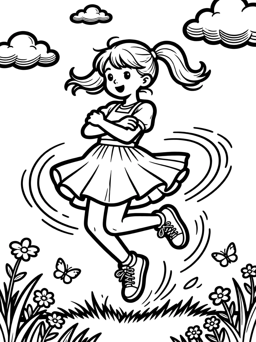 A determined girl with pigtails, leaping into the air for a jump, arms tucked tightly for a spin.