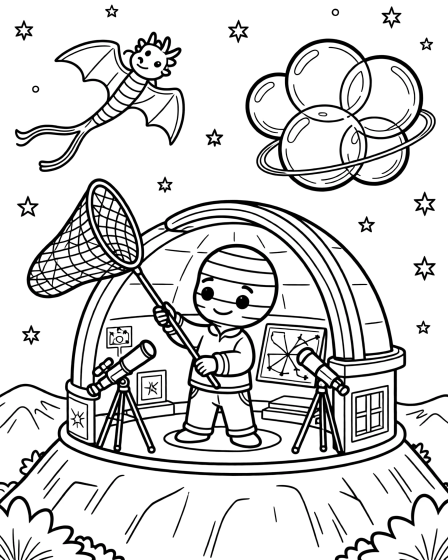 Xandi, an alien with rainbow-striped skin catching falling stardust in a giant net before it hits the city, in a quiet observatory perched on a mountaintop under a starry sky, with a kite shaped like a friendly dragon flying overhead and a cluster of soap-bubble-like energy shields nearby.