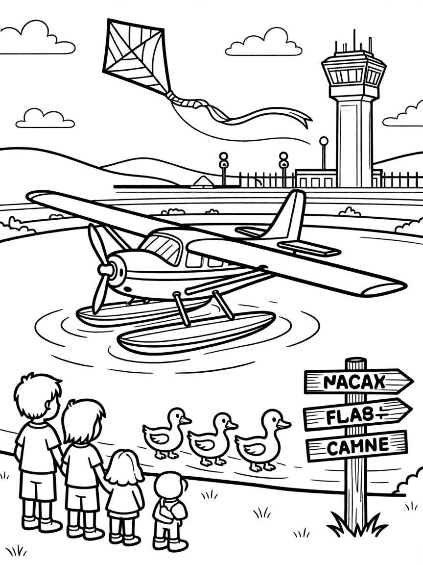 In this scene, a seaplane landing gently on a glassy lake is the star of a busy airport runway with a control tower in the distance, joined by a family of ducks waddling alongside, with a kite dancing in the breeze above and an old wooden signpost pointing to faraway towns scattered throughout for kids to color.