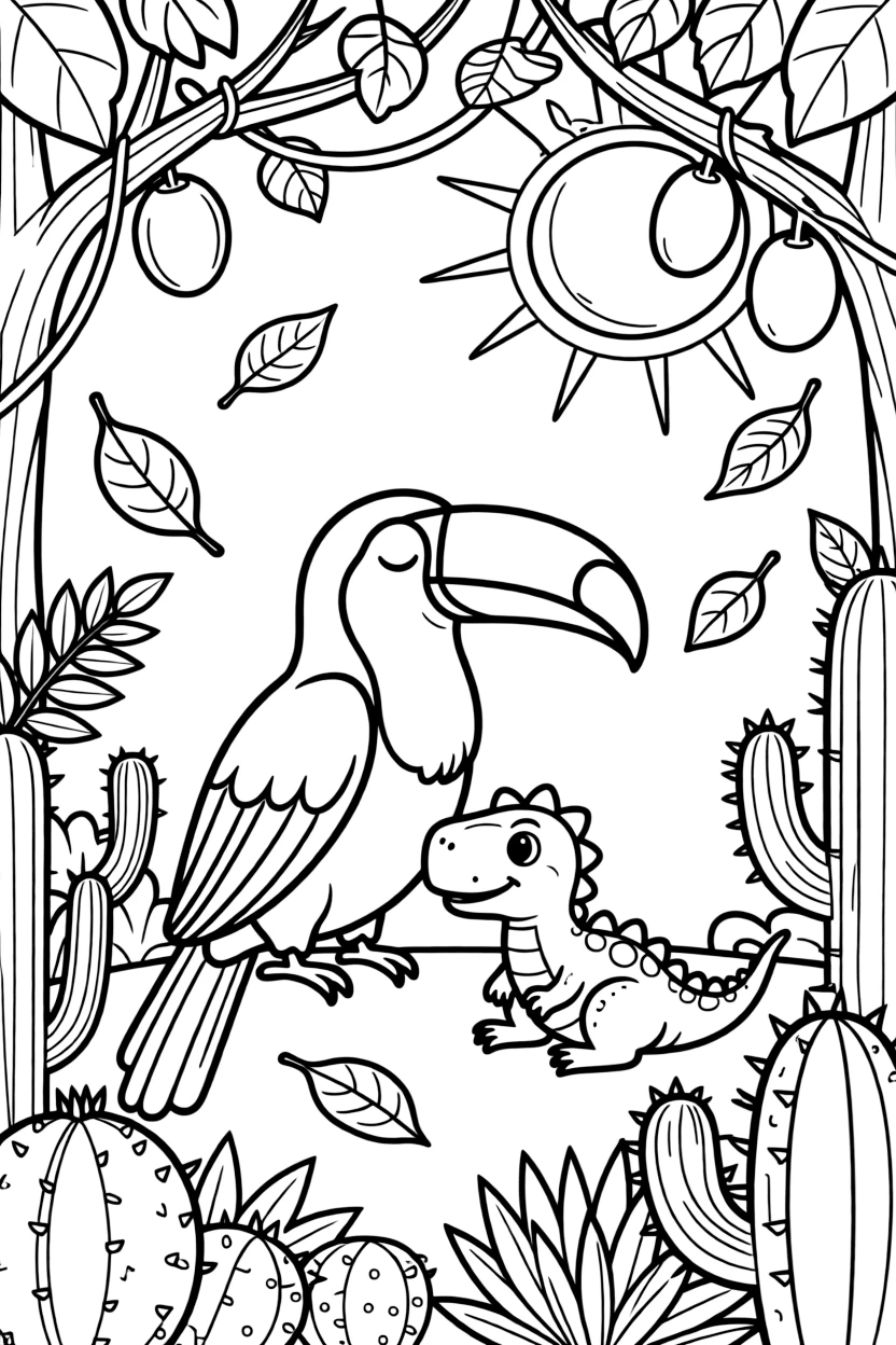 A toucan in a bustling jungle canopy, napping in a sunbeam next to a T-Rex hatchling, next to a cactus garden, as autumn leaves swirl in the wind.
