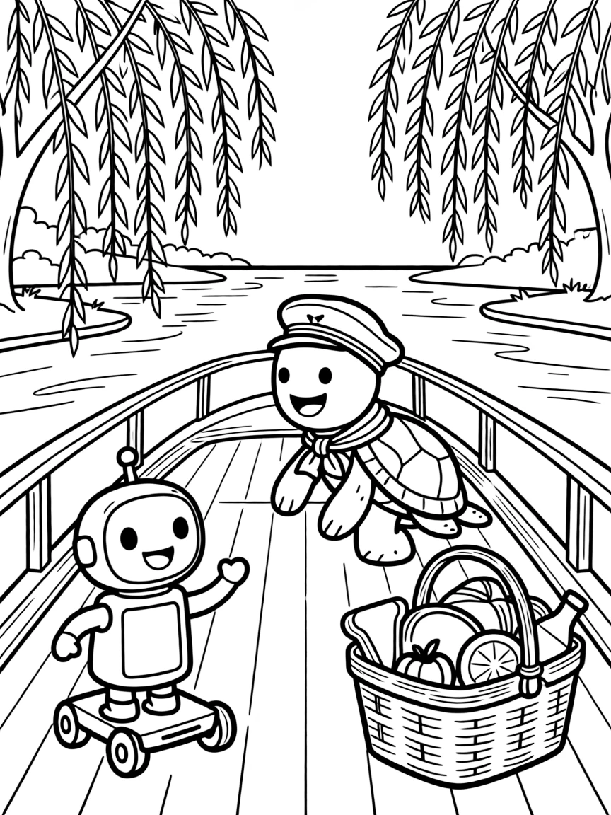 On a riverboat drifting past willow trees, a pint-sized sea turtle sailor is busy playing an epic game of hide and seek, cheered on by a tiny robot rolling along on training wheels and a picnic basket overflowing with treats. The whole gang can't stop smiling.