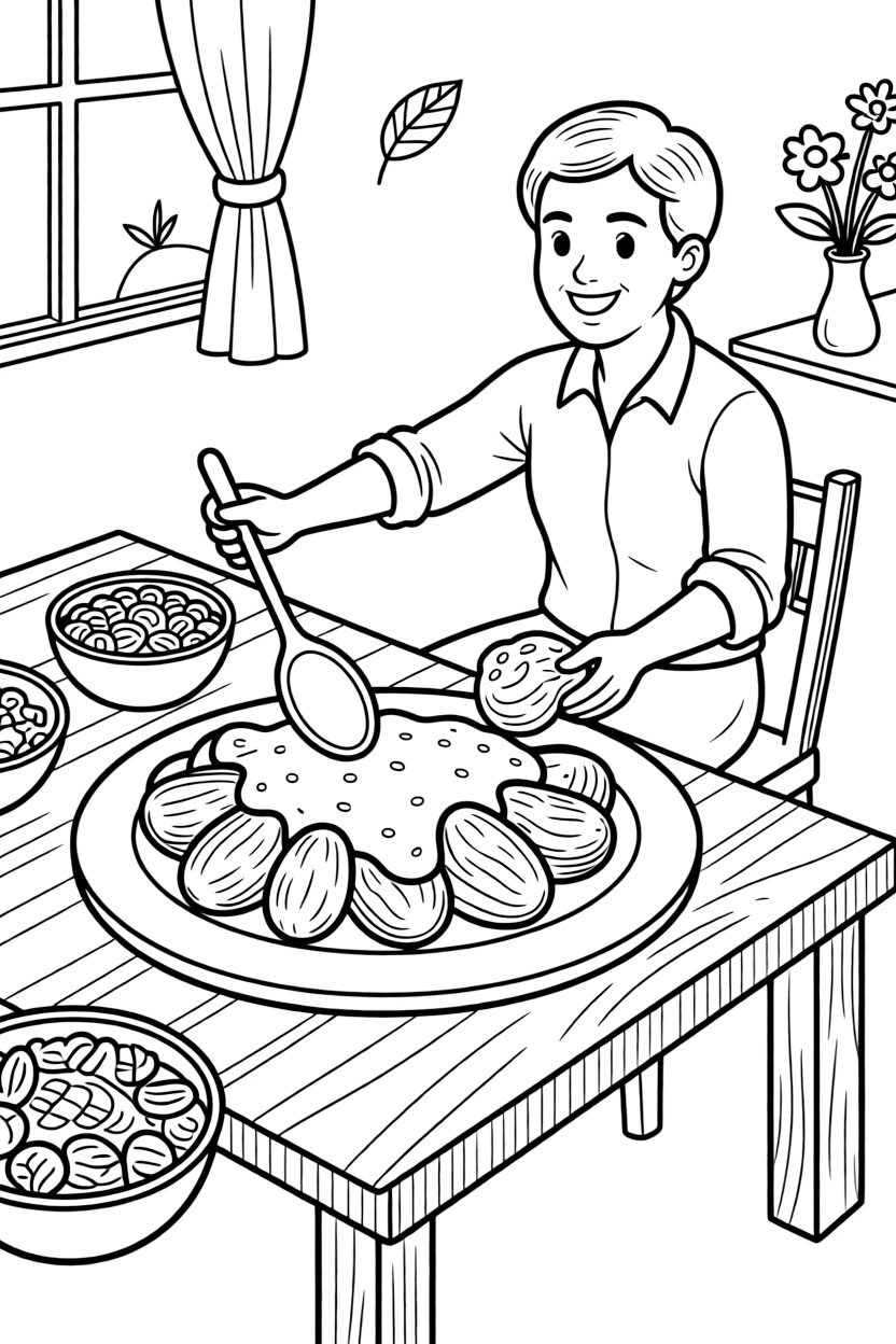 A coloring page showing a delicious spread from Uganda: a plate of matoke mashed plantains with groundnut sauce, set out on a table with a friendly family member serving portions.