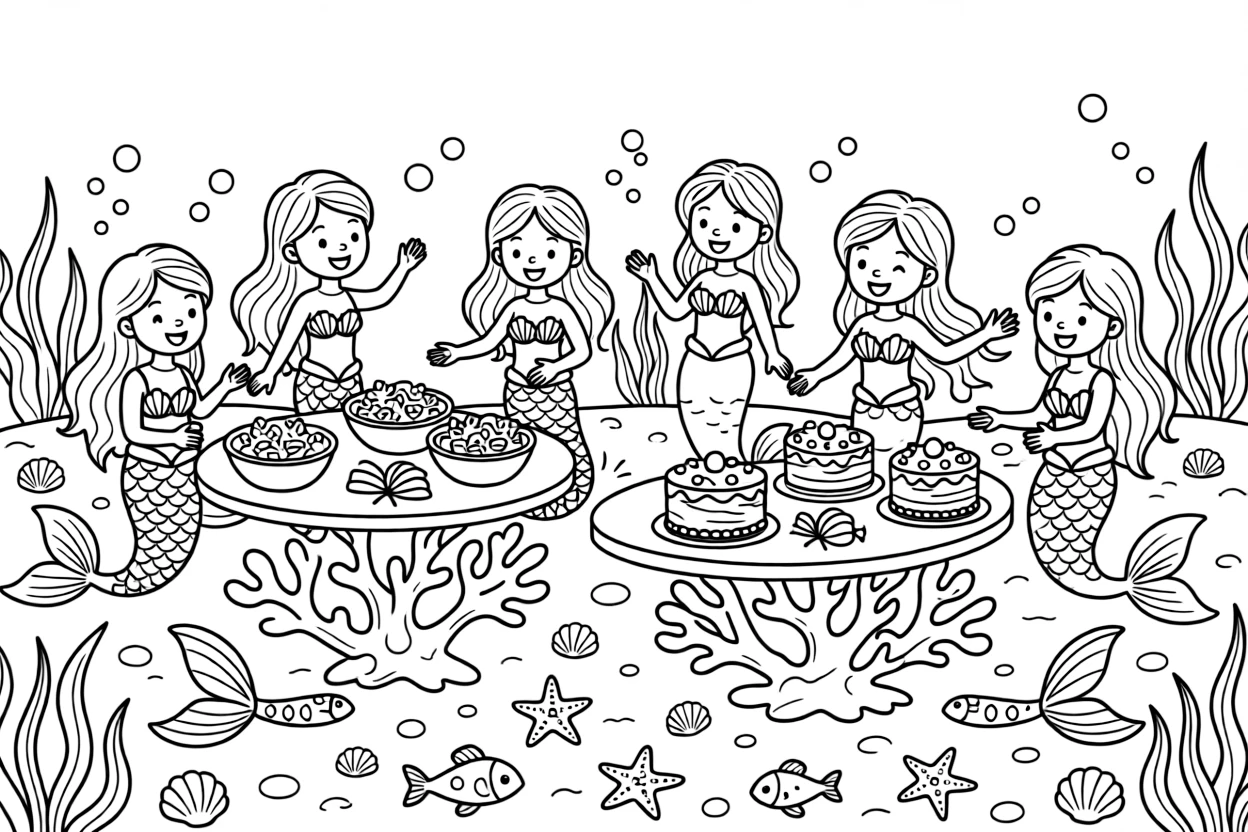 A mermaid village celebrates a harvest festival, tables of kelp salad and pearl-studded cakes set along the ocean floor.