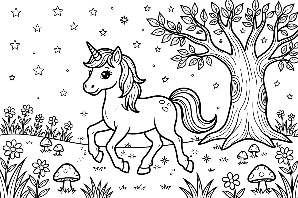 [Fantasy Creatures] a gentle unicorn prancing through an enchanted meadow near an ancient magical tree, wide-eyed with wonder, while sparkling magic dust twinkles in the light fills the surrounding area. Soft magical sparkles surround the scene. Set under a starry night sky, with snow gently falling, the page bursts with adventure and imagination.