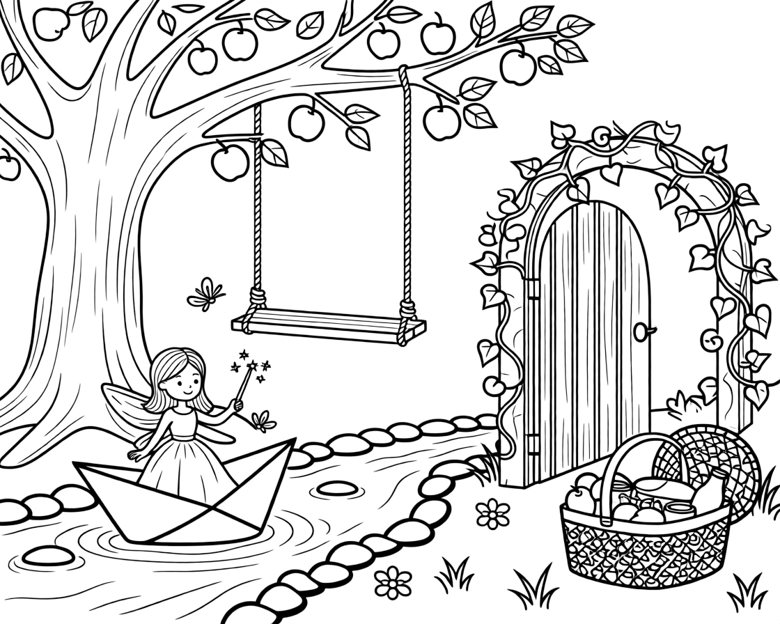 A fairy godmother girl waving a sparkling wand is sailing a folded paper boat down a gentle stream in an orchard swing hanging from an old apple tree. Scattered nearby, a garden gate covered in climbing ivy and a picnic basket overflowing with treats fill the page with charm.